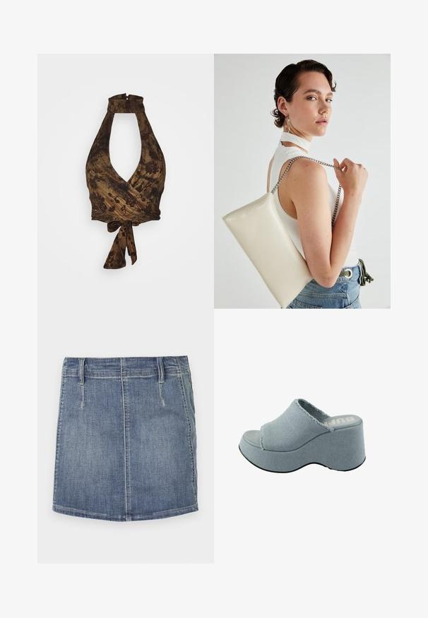 Barna pántos top mély V-nyakkal és kötött dizájnnal, virágmintákkal és texturált anyaggal; deréknál megkötős.; Világoskék farmer mini szoknya klasszikus fazonnal. Elöl zsebekkel és övhurkokkal rendelkezik, egyenes szegélye van, enyhe kopásokkal.; Világoskék platform csúszó szandál, rongyos anyag felsőrésszel, nyitott orr designnal, vastag, lekerekített talppal és texturált szürke talppal.; Fehér, téglalap alakú, fényes anyagból készült clutch táska, ezüst láncos pánttal. A modell pózol, bemutatva a táskát egy egyszínű háttér előtt.