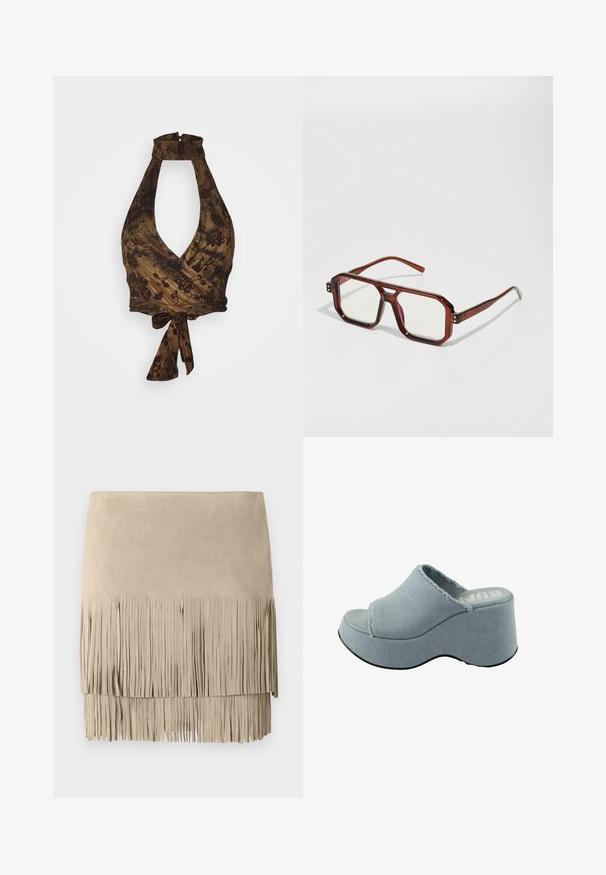 Pruun halter-top sügava V-kaelusega ja rätsepatöödisainiga, millel on lillemustrid ja tekstureeritud kangas; seotakse vöökohtades.; Beige-nahkhiir mini seelik, millel on frantsiislise äärega alumine serv. Sile tekstuur ja ühtlane frantsiisi pikkus alumises servas. Klassikaline disain.; Hele sinine platvormi suss, millel on kulunud kangas, avatud varba disain, paks ümar tald ja tekstureeritud hall välistald.; Pruun läbipaistev ülisuurte äärega prillid, millel on ristkülikukujulised läätsed ja õhukesed käised. Nurga all, veidi ümarad nurgad ja nähtavad riistvarakatkendid.