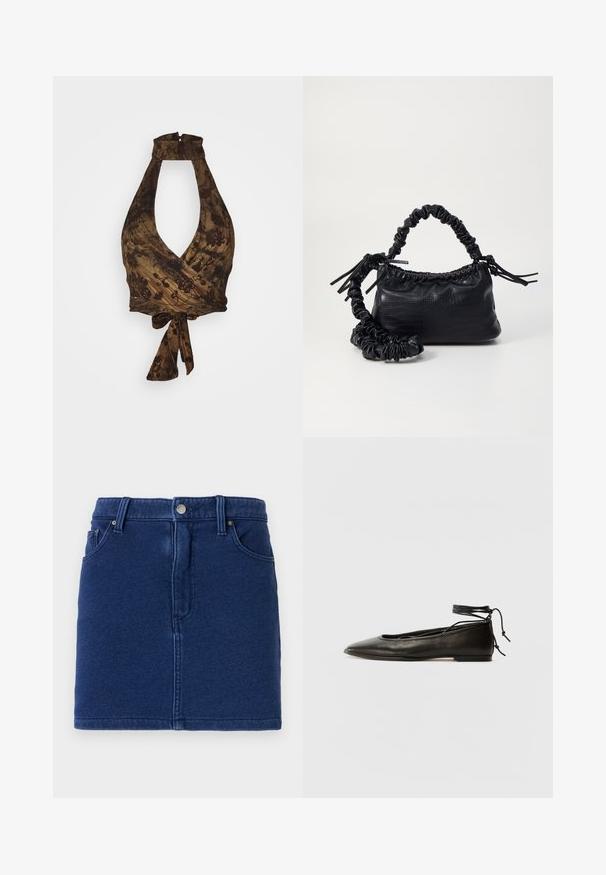 Hnedý top na ramienka s hlbokým V-výstrihom a prekríženým dizajnom, zdobený kvetinovými vzormi a textúrovanou tkaninou; viaže sa v páse.; Džínová sukňa v tmavomodrej farbe s priliehavým strihom, predným zapínaním na gombíky a dvoma bočnými vreckami. Obsahuje viditeľné švy a rovný lem.; Čierne kožené baletky s špicatou špičkou, viazaním okolo členka a plochou podrážkou, s hladkou textúrou a minimalistickým dizajnom.; Čierna umelá kožená kabelka s kroko vzorom, sťahovaným vrchom a zhnutým popruhom. Vyzerá mäkko a kompaktné v dizajne.