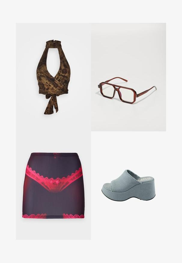 Hnedý top na ramienka s hlbokým V-výstrihom a prekríženým dizajnom, zdobený kvetinovými vzormi a textúrovanou tkaninou; viaže sa v páse.; Čierna mini sukňa z textílie so stredne dlhým strihom, ktorá má hore a na okraji červenú čipkovú obrubu, a na prednej strane grafický potlač červených čipkových nohavičiek.; Svetlomodré platformové šľapky so zfrkanou textíliou, otvorenou špičkou, hrubou okrúhlou podrážkou a textúrovanou šedou podrážkou.; Hnedé priesvitné nadmerné okuliare s obdĺžnikovými šošovkami a štíhlymi ramenami. Uhlové, mierne zaoblené rohy a viditeľné kovové akcenty.