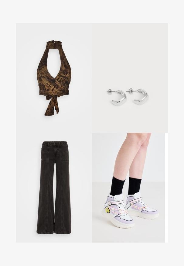 Smeđi halter top s dubokim V-izrezom i dizajnom omotavanja, s cvjetnim uzorcima i teksturiranim materijalom; veže se u struku.; Crne široke traperice od denima, s visokom strukom, prednim džepovima i tonalom šavovima.; Visoke tenisice s bijelo-lavandinim dezenom, ukrašene ružičastim perlama i zvjezdastim privjeskom, postavljene uz crne rebraste čarape.; Srebrni obruči za uši s glatkom, poliranom površinom. Okrugli oblik s blago zakrivljenim dizajnom i spojenim rubovima. Zatvaranje na klin.