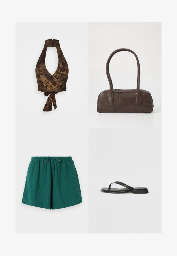 Haut halter marron avec un décolleté en V profond et un design enveloppant, orné de motifs floraux et d'un tissu texturé ; se noue à la taille.; Shorts verts, légers, avec une taille élastique et un cordon de serrage. Présente un tissu texturé avec une apparence douce et froissée.; Tongs noires en cuir lisse, avec un design de sangle fine et une semelle plate à profil minimal. Aucun motif ou accent notables.; Sac à main en cuir marron avec deux poignées robustes, de forme rectangulaire, texture lisse et fermeture zippée. Design minimaliste sans motifs visibles.