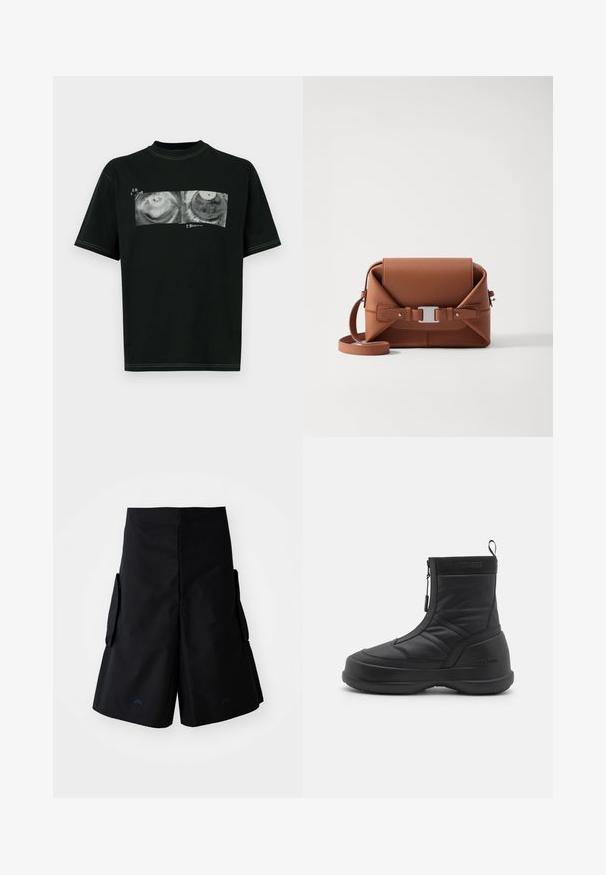 Schwarzes Baumwoll-T-Shirt mit Rundhalsausschnitt, kurzen Ärmeln und silberner Naht. Verfügt über zwei Grafikdrucke auf der Vorderseite.; A-COLD-WALL* FORM SHORT - Shorts - black onyx; Schwarzer wasserdichter Schneestiefel mit einem glatten synthetischen Obermaterial, Reißverschluss, gepolstertem Kragen und strukturiertem Gummisohle. Mit "MOON BOOT" Branding akzentuiert.; Braune Leder-Umhängetasche mit strukturiertem Design, ausgestattet mit einer silbernen Schnalle und einem verstellbaren Tragegurt. Glatte Textur mit gesteppten Akzenten.