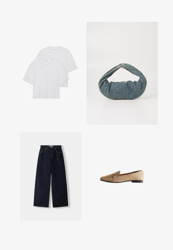 T-shirt in cotone bianco, colletto rotondo, maniche corte, vestibilità leggermente larga, texture liscia, confezione da due, design minimalista.; Jeans a gamba larga in denim blu scuro con vita alta, cinque tasche, cuciture a contrasto e hardware in metallo argentato. Texture liscia e finitura pulita.; Mocassini in suede beige con punta arrotondata, suola nera piatta e un accento in metallo dorato sul davanti. Tessuto liscio su tutta la scarpa.; Borsa in denim blu con una forma arrotondata e imbottita e una maniglia curva. La texture è morbida, con cuciture visibili e una finitura liscia.