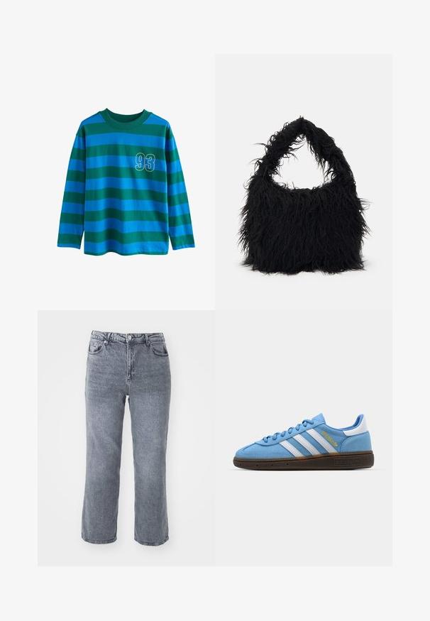 Maglietta a maniche lunghe con strisce orizzontali blu e verdi, colletto a girocollo e numero "93" contornato di giallo sul petto.; Jeans grigi alti in vita realizzati in denim, con taglio dritto, doppie tasche anteriori e una tasca posteriore singola con un leggero sbiadimento.; Sneakers in suede azzurro chiaro con strisce in pelle bianca, suola marrone texturizzata e dettaglio logo dorato. Design basso con punta tonda.; Even&Odd Shopping bag - black