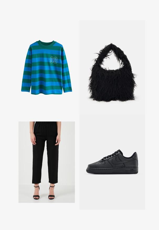 Ilga rankovė marškiniai su mėlynomis ir žaliomis horizontaliomis juostelėmis, apvaliu iškirpimu ir geltonai apvadu pažymėtu skaičiumi "93" ant krūtinės.; Juodos lininės kelnės su elastinga juosta, tiesaus kirpimo ir blauzdų ilgio, derinamos su juodais dirželių aukštakulniais sandalais.; Juodi odiniai sportbačiai su perforuota nosimi, plokščiomis raišteliais ir guminiu padu. Yra mažas logotipas šone ir faktūrinės detalės.; Even&Odd Pirkinių krepšys - black