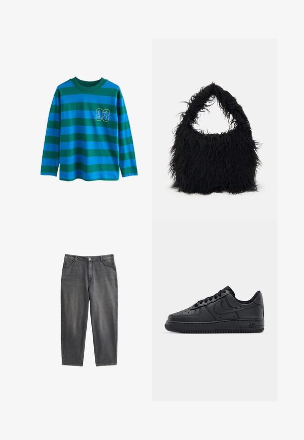 Camisa de manga larga con rayas horizontales azules y verdes, cuello redondo y el número "93" contorneado en amarillo en el pecho.; Jeans de mezclilla gris oscuro con corte relajado, que presentan un diseño clásico de cinco bolsillos, cierre de cremallera y una textura sutil.; Zapatillas de cuero negro con caja de dedos perforada, cordones planos y suela de goma. Presenta un pequeño logo en el costado y un detalle texturizado.; Even&Odd Bolso shopping - black