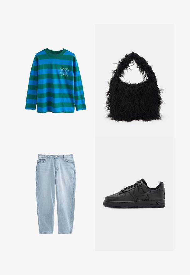 Långärmad skjorta med blå och gröna horisontella ränder, rundhalsad och med ett gult kantat nummer "93" på bröstet.; New Look Curves CURVES LIGHT HIGH WAIST - Jeans slim fit - pale blue; Svarta lädersneakers med perforerat tånät, platta snöre och gummisula. Har en liten logotyp på sidan och texturerad detaljering.; Even&Odd Shoppingväska - black