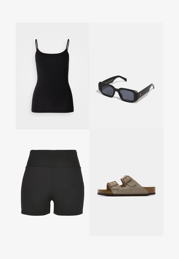 Czarna koszulka na ramiączkach z cienkimi, regulowanymi paskami, gładkiego, elastycznego materiału i dopasowanego kroju. Bez wzorów ani zdobień.; Czarne wysokie szorty sportowe wykonane z gładkiego, elastycznego materiału. Posiadają gładkie szwy i dopasowany krój, idealne do aktywności fizycznej.; Zamszowe klapki w jasnoszarym kolorze z dwoma regulowanymi klamrami, korkowym śródstopiem i teksturowaną gumową podeszwą.; Czarne prostokątne okulary przeciwsłoneczne z matowym wykończeniem, z ciemnymi soczewkami i grubymi, kątowymi oprawkami. Minimalistyczny design bez widocznych logo.