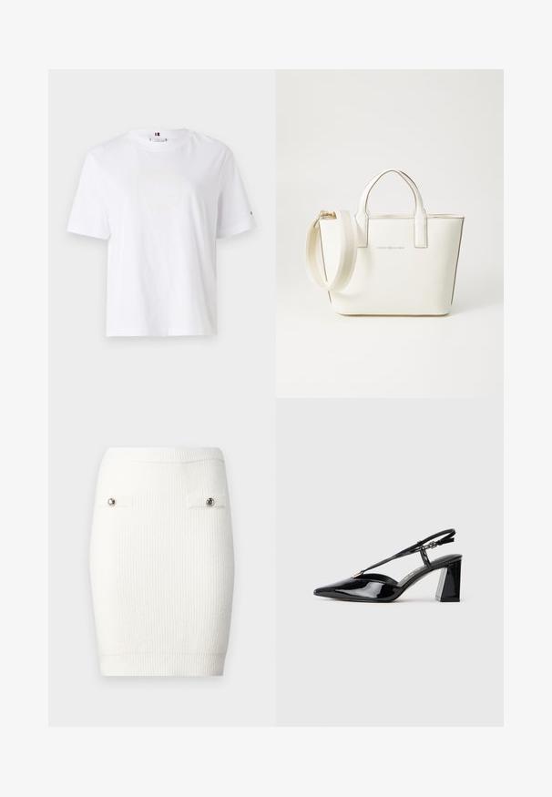 Tricou alb din bumbac, cu guler rotund, mâneci scurte și un design subtil al logo-ului galben care spune "HILFIGER NEW YORK 1985." Croială standard.; Fustă mini tricotată albă cu nervuri, cu accente din butoane argintii pe buzunarele frontale și o siluetă ajustată, având o textură moale și un tiv elastic.; Pantofi cu toc înalt din piele patent neagră, cu vârf ascuțit, curea ajustabilă și toc pătrat chunky.; Geantă din piele artificială albă cu mânere scurte, curea de umăr ajustabilă și accente aurii; prezintă un logo subtil pe față.
