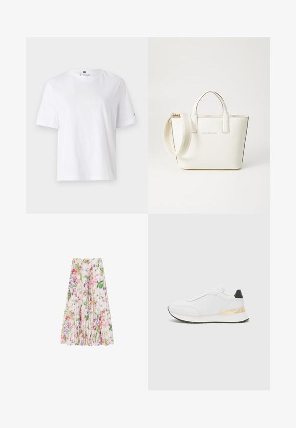 Biely bavlnený tričko s okrúhlym výstrihom, krátkymi rukávmi a jemným žltým logom s nápisom "HILFIGER NEW YORK 1985." Štandardný strih.; Kvetovaná plisovaná sukňa z ľahkej látky, s kombináciou ružových, zelených a fialových odtieňov. Siahajúca pod kolená, so zberaným pásom.; Biele tenisky s hladkým povrchom, s čiernym akcentom na päte a zlatým kovovým detailom na medzipodrážke. Šnurovací dizajn, gumová podrážka.; Biela kabelka z umelého kože s krátkymi uchami, nastaviteľným ramenným popruhom a zlatým kovovým hardvérom; na prednej strane má jemné logo.