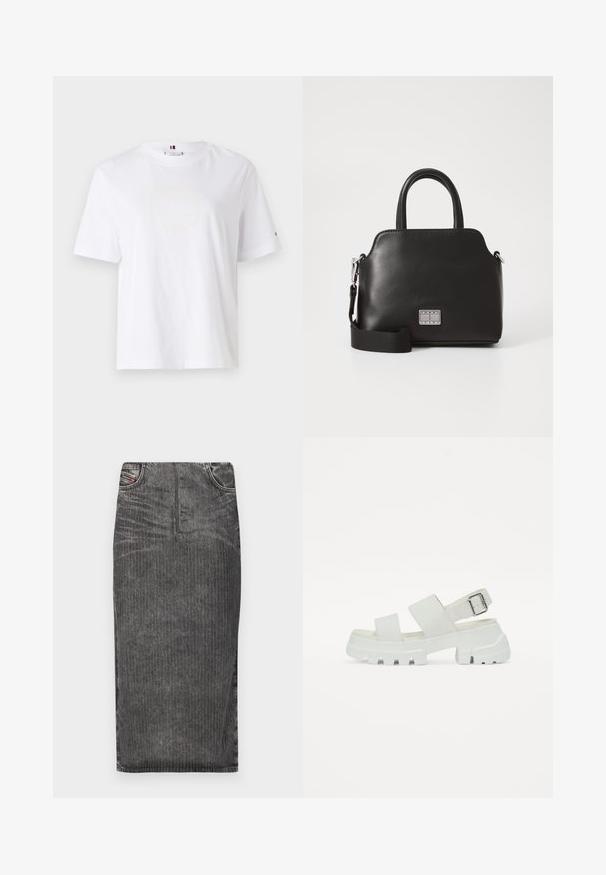 Fehér pamut póló, kerek nyakkivágással, rövid ujjakkal és diszkrét sárga logóval, amelyen a felirat "HILFIGER NEW YORK 1985" szerepel. Normál szabású.; Szürke farmer midi szoknya függőleges csíkokkal, magas derékkal, öt zsebes dizájnnal és tiszta szegéllyel.; Fehér szandál chunky talppal, széles két pánttal és csat részlettel a bokapánton. Simát textura, minimalista dizájn.; Fekete szintetikus kézitáska, felső fogantyúkkal, levehető vállpánttal, kerek formával, sima textúrával és ezüst logóval az elején.