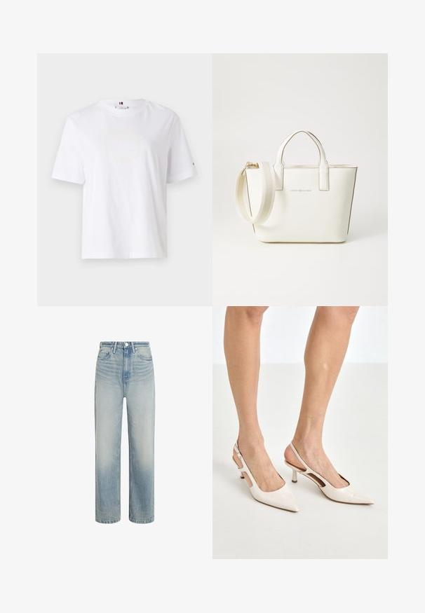 Fehér pamut póló, kerek nyakkivágással, rövid ujjakkal és diszkrét sárga logóval, amelyen a felirat "HILFIGER NEW YORK 1985" szerepel. Normál szabású.; Világoskék farmernadrág egyenes szabással, magas derékkal és kopott textúrával. Elöl gombos zárással és klasszikus öt zsebes kialakítással rendelkezik.; Beige patent bőr slingback magassarkúk hegyes orral és 5 cm-es sarokkal, kivágott oldalakkal és vékony bokapánttal.; Fehér műbőr kézitáska rövid fogantyúkkal, állítható vállpánttal és aranyszínű kiegészítőkkel; az elején egy diszkrét logó található.