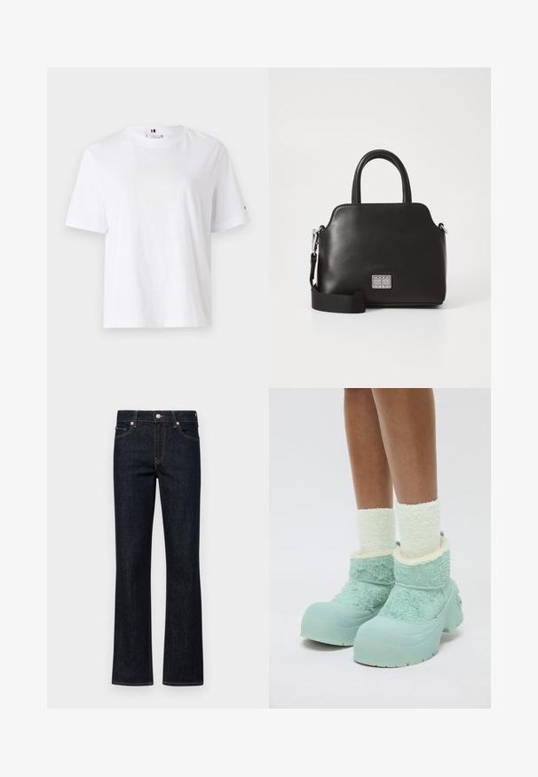 Tricou alb din bumbac, cu guler rotund, mâneci scurte și un design subtil al logo-ului galben care spune "HILFIGER NEW YORK 1985." Croială standard.; Blugi evazați, de culoare albastră închisă, confecționați din denim, cu talie medie, cinci buzunare și cusături contrastante de culoare portocalie pe margini.; Picioare îmbrăcate în șosete groase și pufoase albe și cizme de iarnă chunky, de culoare albastru deschis, cu țesătură texturată și tălpi din cauciuc, pe un fundal alb.; Geantă sintetică neagră cu mânere superioare, curea de umăr detașabilă, formă rotundă, textură netedă și accent cu logo argintiu pe față.
