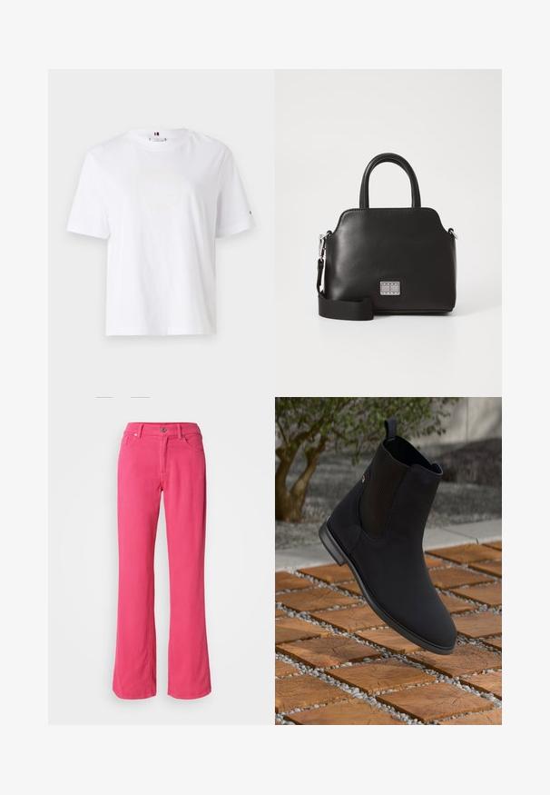 Hvit bomulls T-skjorte med rund hals, korte ermer og subtilt gult logodesign som leser "HILFIGER NEW YORK 1985." Standard passform.; Rosa vide bukser laget av bomull, med front knapp, glidelås og klassisk fem-lomme design. Glatt tekstur og vanlig passform.; Svarte ankelstøvler med elastisk sidepanel svevende over tremosaiker med småstein i uteområde.; Svart syntetisk håndveske med topphåndtak, avtakbar skulderstropp, rund form, glatt tekstur og sølvfarget logo aksent på forsiden.