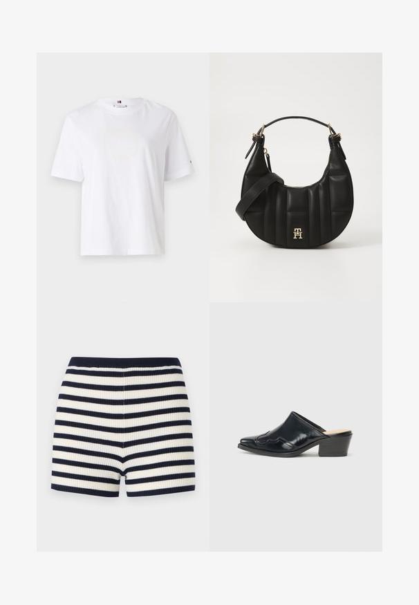 Fehér pamut póló, kerek nyakkivágással, rövid ujjakkal és diszkrét sárga logóval, amelyen a felirat "HILFIGER NEW YORK 1985" szerepel. Normál szabású.; Csíkos, bordázott rövidnadrág sötétkék és fehér színben, testhez simuló fazonban és kellemes tapintású anyagból. Az övrész sötétkék, amely kiegészíti a mintázatot.; Fekete lakk bőr papucsok hegyes orral, ívelt kialakítással és alacsony blokk sarkú, díszített varrással a felsőrészen.; Fekete bőrtáska ívelt formával, steppelt textúrával és arany hardware-rel. Levehető vállpánttal és logó részlettel rendelkezik.