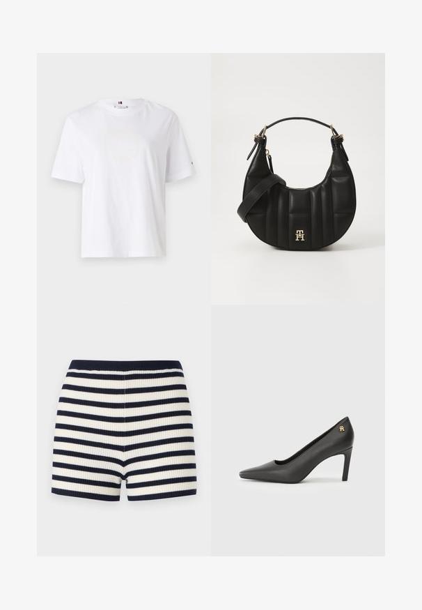Fehér pamut póló, kerek nyakkivágással, rövid ujjakkal és diszkrét sárga logóval, amelyen a felirat "HILFIGER NEW YORK 1985" szerepel. Normál szabású.; Csíkos, bordázott rövidnadrág sötétkék és fehér színben, testhez simuló fazonban és kellemes tapintású anyagból. Az övrész sötétkék, amely kiegészíti a mintázatot.; Fekete lakkbőr magassarkú cipő, hegyes orral, kis arany logóval a saroknál. Simább textúra, elegáns dizájn.; Fekete bőrtáska ívelt formával, steppelt textúrával és arany hardware-rel. Levehető vállpánttal és logó részlettel rendelkezik.