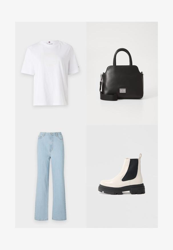 Fehér pamut póló, kerek nyakkivágással, rövid ujjakkal és diszkrét sárga logóval, amelyen a felirat "HILFIGER NEW YORK 1985" szerepel. Normál szabású.; Világoskék farmer, magas derékú, laza fazonú, széles lábú nadrág, klasszikus öt zsebes kialakítással. Fém gombbal és cipzárral záródik.; Krém színű bőr Chelsea csizma robusztus fekete talppal és fekete elasztikus oldalpanellel, sima fehér háttér előtt.; Fekete szintetikus kézitáska, felső fogantyúkkal, levehető vállpánttal, kerek formával, sima textúrával és ezüst logóval az elején.