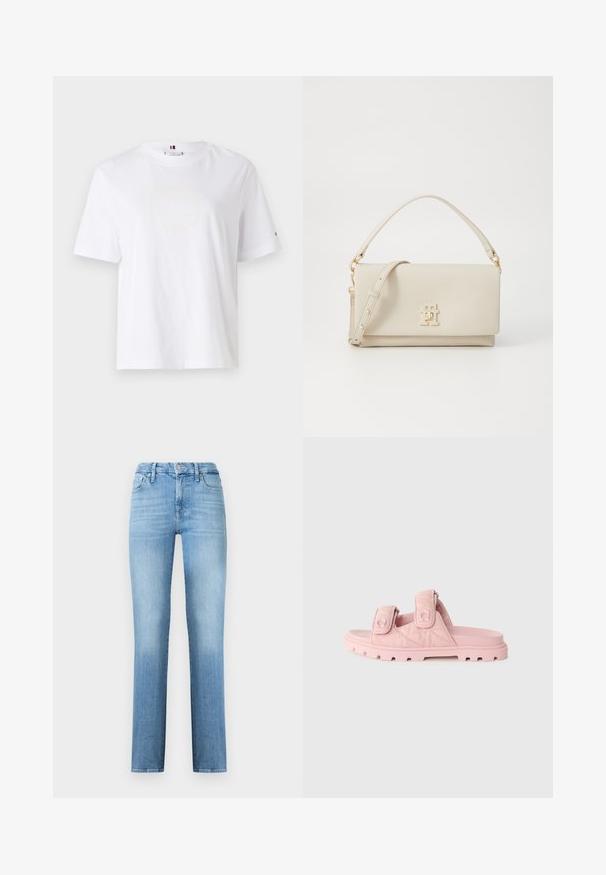 Valge puuvillane T-särk ümarate kaelaaukude, lühikeste varrukate ja peene kollase logoga, millel on tekst "HILFIGER NEW YORK 1985". Tavaline lõige.; Heledad sinised sirged teksad, mis on valmistatud denimist, klassikalise viie-tasku disainiga ja õmmeldud vöökoht ning eesnupp sulgemisega.; Roosa liugjalatsid, millel on kahekordne reguleeritav Velcro rihmad, tekstuurne kangas ülaosa ning vastupidav, paks tallaga, millel on sügavad mustrid.; Beeži nahk käekott struktureeritud kujuga, kuldse tooni detailid ja logo esifaas. Omab ülemist käepidet ning eemaldatavat õlavarre rihma.