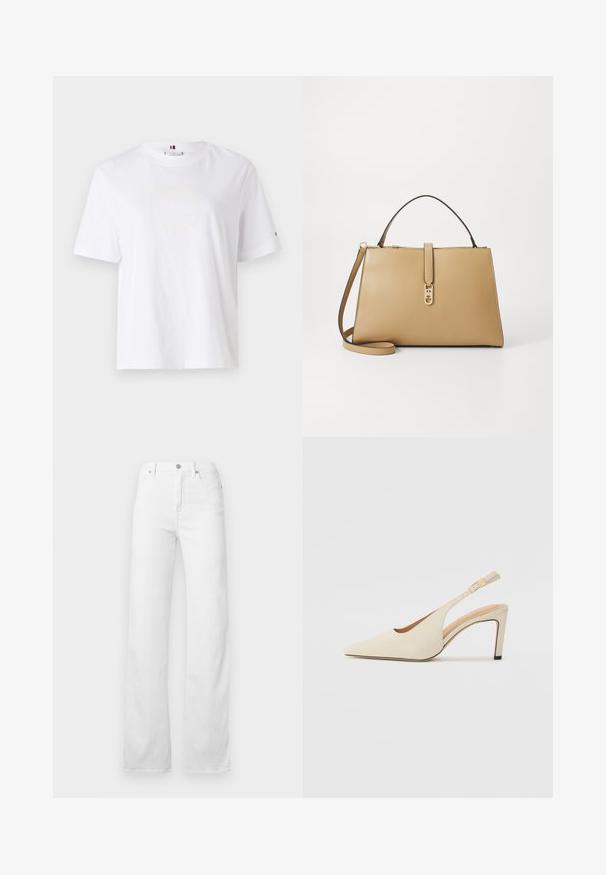Hvit bomulls T-skjorte med rund hals, korte ermer og subtilt gult logodesign som leser "HILFIGER NEW YORK 1985." Standard passform.; Hvite jeans i denim med rette ben, fem lommer og klassisk knapp- og glidelåslukking med sølvfarget metall.; Beige lærremmidheler med spiss tå, åpen sidestruktur og slank høy hæl. Har et gullakcent på stroppen.; Tommy Hilfiger LIBRE SATCHEL - Håndveske - safari