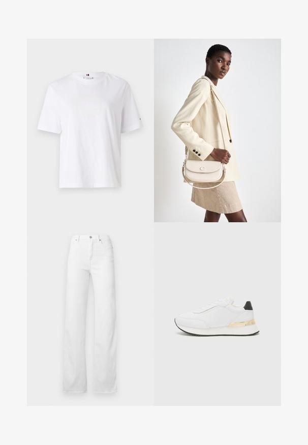 Valkoinen puuvillapaita, jossa on pyöreä kaula-aukko, lyhyet hihat ja huomaamaton keltainen logomuotoilu, jossa lukee "HILFIGER NEW YORK 1985." Normaali istuvuus.; Valkoiset farkut, joissa on suora lahje, viiden taskun malli sekä klassinen nappi- ja vetoketjusuljenta hopeisilla yksityiskohdilla.; Valkoiset sneakerit, joissa on sileä pinta, musta kantapääkoriste ja kultainen metalliviimeistely keskikannan kohdalla. Nauhakiinnitys, kumipohja.; COACH EMMY SADDLE BAG 23 - Käsilaukku - chalk