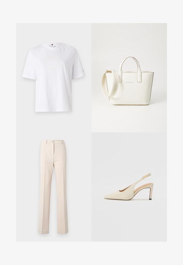Vit bomullströja med rund hals, korta ärmar och subtil design i gult som står "HILFIGER NEW YORK 1985." Normal passform.; Beige skräddarsydda byxor med rak ben, som har en knappstängning, framfickor och en slät textur.; Beiga läderklackar med slingback, spetsig tå, öppen sidodesign och smal hög klack. Har en guldaccent på remmen.; Vit faux läderhandväska med korta handtag, justerbar axelrem och guldfärgad detalj; har en diskret logotyp på framsidan.