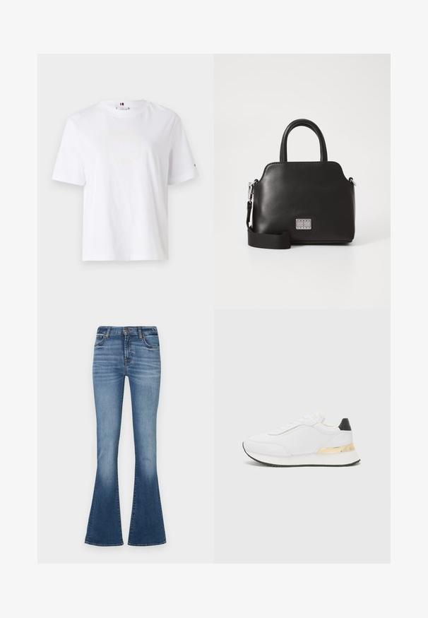 Biely bavlnený tričko s okrúhlym výstrihom, krátkymi rukávmi a jemným žltým logom s nápisom "HILFIGER NEW YORK 1985." Štandardný strih.; Modré riflové zvonové džínsy s stredným pásom, s jemným vyblednutím na stehnách a klasickým päť-pocket dizajnom.; Biele tenisky s hladkým povrchom, s čiernym akcentom na päte a zlatým kovovým detailom na medzipodrážke. Šnurovací dizajn, gumová podrážka.; Čierna syntetická kabelka s vrchnými uchami, odnímateľným ramenným popruhom, okrúhlym tvarom, hladkou textúrou a strieborným logom na prednej strane.