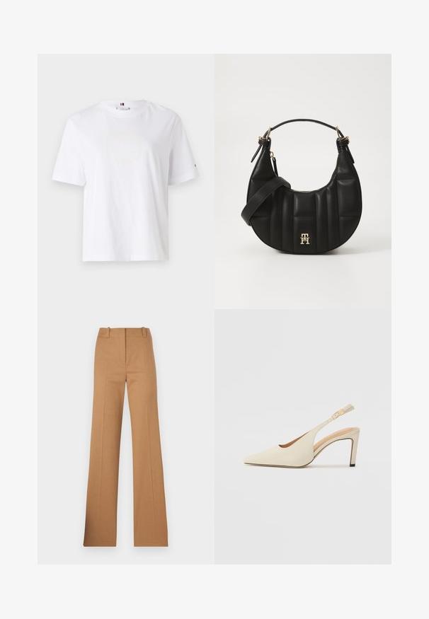 T-shirt en coton blanc avec un col rond, des manches courtes et un design de logo jaune subtil indiquant "HILFIGER NEW YORK 1985". Coupe standard.; HUGO HULANA - Chino - open brown; Talons compensés en cuir beige avec un bout pointu, un design ouvert sur le côté et un talon haut fin. Comprend un accent doré sur la sangle.; Sac à main en cuir noir avec une forme incurvée, texture matelassée et quincaillerie dorée. Dispose d'une bandoulière amovible et d'un détail de logo.