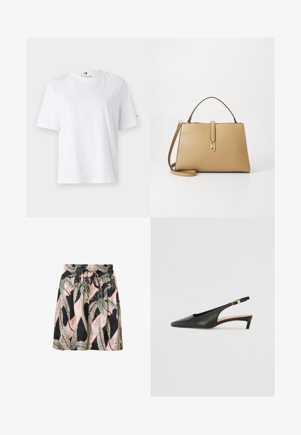 Fehér pamut póló, kerek nyakkivágással, rövid ujjakkal és diszkrét sárga logóval, amelyen a felirat "HILFIGER NEW YORK 1985" szerepel. Normál szabású.; Virágmintás szoknya fekete háttérrel, elasztikus derékpánttal, zsinóros részletekkel és könnyű, sima textúrával.; Fekete bőr slingback sarkú cipő, hegyes orral, alacsony sarokkal és állítható bokapánttal, aranyszínű csattal. Simább textúra.; Tommy Hilfiger LIBRE SATCHEL - Kézitáska - safari