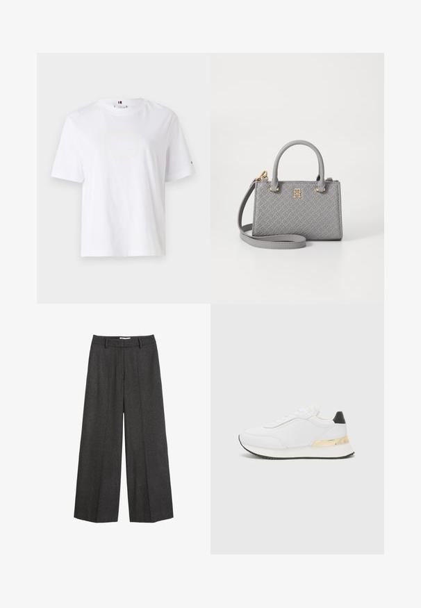 Hvit bomulls T-skjorte med rund hals, korte ermer og subtilt gult logodesign som leser "HILFIGER NEW YORK 1985." Standard passform.; Vidde bukser i mørkegrått stoff. Har en skreddersydd midje med beltehemper, glatt tekstur og minimale sømdetaljer.; Hvit sneaker med glatt finish, med svart hælaccent og en gullmetallisk detalj på mellomsålen. Snøring, gummisåle.; Tommy Hilfiger ETERNITY MICRO TOTE MONO - Håndveske - universal grey