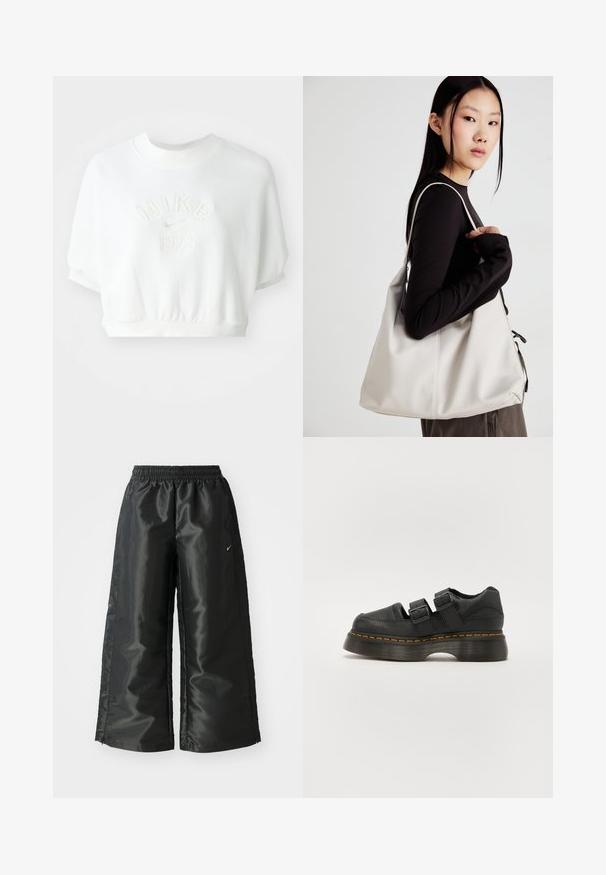 Pulover alb scurt, realizat dintr-un material moale. Previne un guler cu nervuri, o margine elastică și are un logo debosat "Nike 1972" în centru.; Pantaloni sportivi negri dintr-un material lucios si neted, dotati cu o talie elastica, picioare late si un logo mic pe partea stanga.; Pantof negri din piele cu două curele reglabile cu catarame, talpă texturată ridicată și cusături portocalii vizibile de-a lungul talpii intermediare.; Geantă bej din material moale, cu un design lejer, detalii cusute și două bretele pentru umăr. Potrivită pentru utilizarea zilnică.