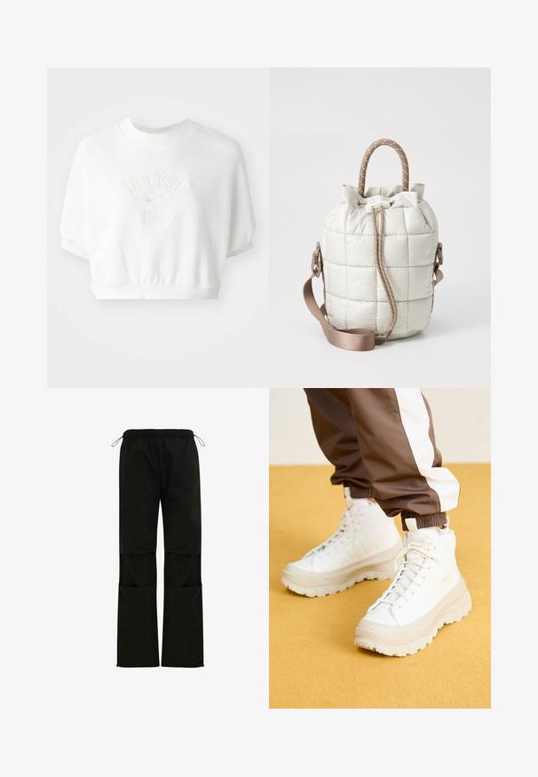 Sweatshirt blanc crop en matériau doux. Doté d'un col côtelé, d'un ourlet élastiqué et d'un logo en relief "Nike 1972" au centre.; Pantalons légers noirs, avec une taille élastique, des ajustements par cordon de serrage, des poches latérales et une coupe droite. Texture lisse.; Baskets montantes blanches avec une semelle épaisse et texturée, présentant un dessus lisse, une pointe ronde et des lacets ton sur ton, sur un fond jaune.; Sac matelassé beige clair avec un haut resserré, doté d'une anse tressée et d'une bandoulière amovible. Texture lisse avec un doux éclat.
