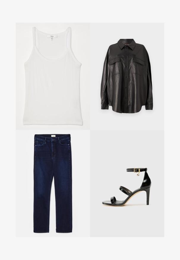 Fehér ujjatlan topp, puha, bordázott szövetből; vékony pántokkal és kerek nyakkivágással rendelkezik, a címke szerint "FRAME."; Fekete bőrdzseki gombbal elöl, hegyes gallérral és két mellzsebbel. Jellemzője a laza szabás és a sima textúra.; Sötétkék farmernadrág, slim fit szabással, öt zsebes kialakítással, díszvarrással és egyenes lábszárral. Gombos és cipzáras záródással rendelkezik.; Fekete lakk bőr szandál három pánttal, bokapánttal és 10 cm magasságú tűsarokkal. Arany színű részletekkel és logó charm-mal rendelkezik.