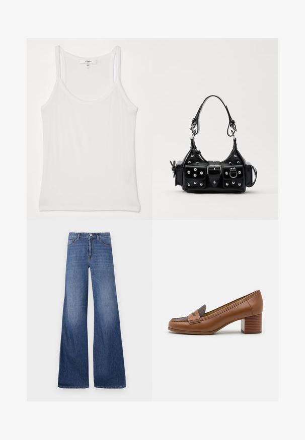 Balta berankovė marškinė su švelniu, raukšlėtu audiniu; turi plonas petnešas ir apvalų iškirpimą, etiketėje užrašyta „FRAME“. ; Plačios džinsinės kelnės vidutinio mėlynumo skalbe, turinčios penkis kišenes, diržo kilpas ir mygtuko užsegimą. Sklandus paviršius su švelniu išblukimu.; MICHAEL Michael Kors FRANCES - Klasikiniai aukštakulniai - luggage; Juodas odinis rankinukas su kreiviu dizainu, su sidabro spalvos knopkėmis, užsegimu ir dviem šoninėmis kišenėmis. Reguliuojama dirželis nešimui.