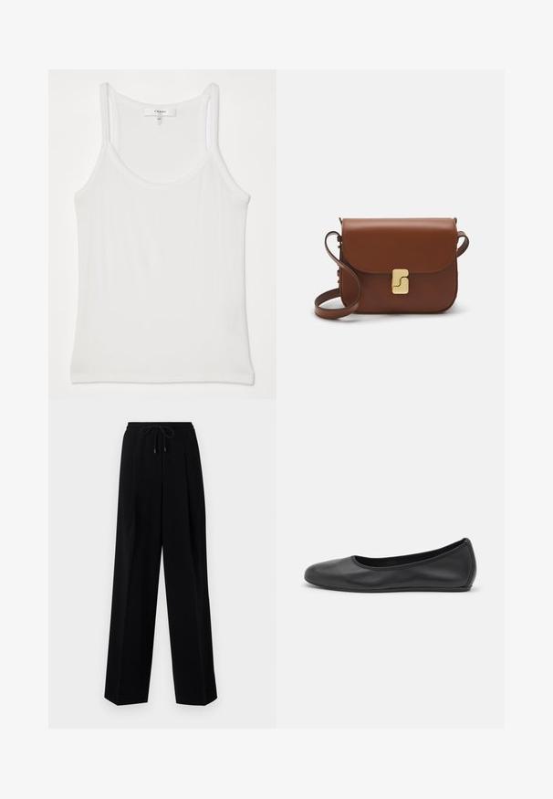 Weißes ärmelloses Tanktop aus weichem, geripptem Stoff; hat dünne Träger und einen runden Halsausschnitt, das Etikett trägt die Aufschrift "FRAME."; Schwarze Hose mit lockerer Passform, gefaltetem Frontbereich, elastischem Bund und Kordelzug. Der Stoff wirkt glatt mit einem leichten Glanz.; Schwarze Leder-Ballettschuhe mit abgerundeter Spitze, glatter Textur, minimalen Nähdetails und einem flexiblen Sohlen-Design.; Braune Ledertasche mit Klappenverschluss, Beschlägen in Goldfarbe, einem Schultergurt und einer glatten Oberfläche. Kompakte rechteckige Form.