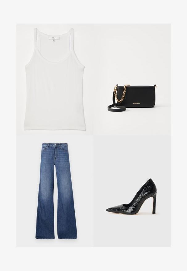 White sleeveless tank top made of soft, ribbed fabric; features thin straps and a round neckline, tag reads "FRAME."; Wide-leg denim jeans in a medium blue wash, featuring five pockets, belt loops, and a button closure. Smooth texture with a slight fade.; Black pointed-toe high heel shoe with a crocodile-skin texture, featuring a sleek design, high stiletto heel, and smooth black interior.; Black leather clutch with a gold chain accent, smooth texture, and gold logo detailing. Includes an adjustable strap for versatility.
