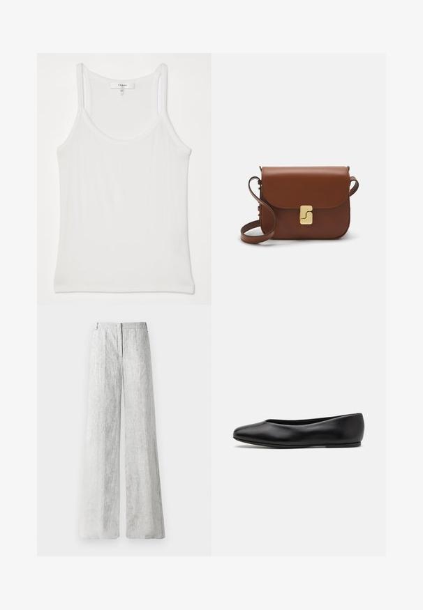 White sleeveless tank top made of soft, ribbed fabric; features thin straps and a round neckline, tag reads "FRAME."; Light grey, wide-leg trousers made from a textured fabric with subtle vertical lines. Features a front zip closure and belt loops.; Paul Smith TOPANGA - Ballet pumps - black; Brown leather handbag with a flap closure, gold-tone hardware, a shoulder strap, and a smooth texture. Compact rectangular shape.