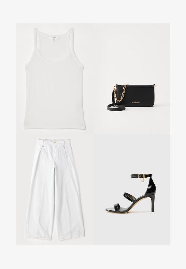 Valkoinen ilman hihoja oleva toppi, joka on valmistettu pehmeästä, urituksesta; siinä on ohuet olkaimet ja pyöreä kaula-aukko, jossa on ; Valkoiset leveälahkeiset housut, jotka on valmistettu denimistä, erottuvilla oransseilla ompeleilla, etupleiteillä ja klassisella viiden taskun designilla.; Musta patentoitu nahkasandaali, jossa on kolme hihnaa, nilkkasolki ja 4 tuuman stiletto-korko. Varustettu kultaisilla yksityiskohdilla ja logokoristeella.; Mustharako nahkakäsi, jossa on kultaketju, sileä pinta ja kultalogo. Mukana säädettävä hihna monipuolisuuden vuoksi.