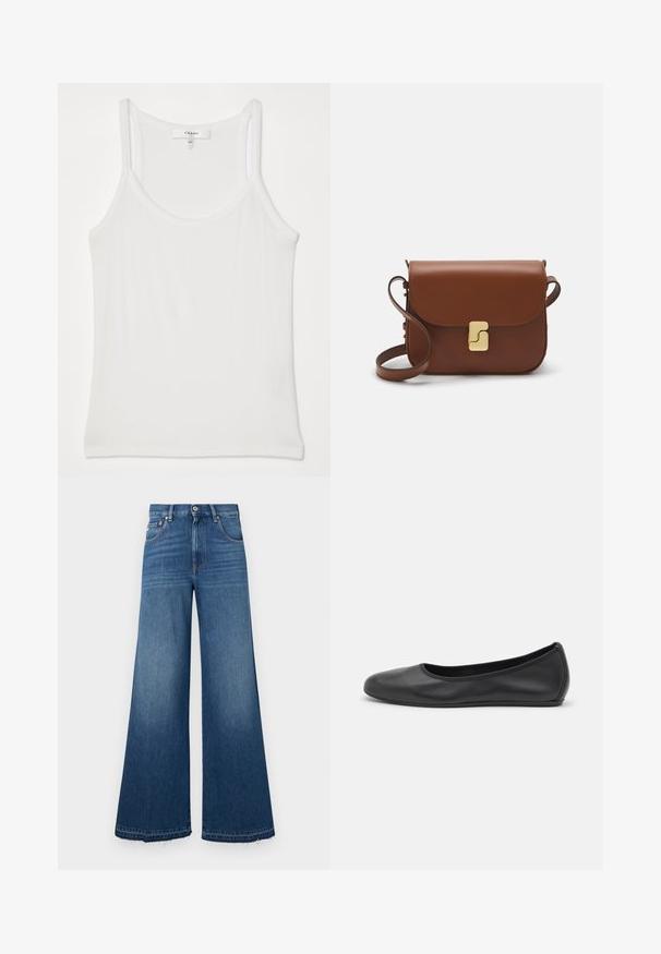 White sleeveless tank top made of soft, ribbed fabric; features thin straps and a round neckline, tag reads "FRAME."; Wide-leg denim jeans in dark blue, featuring a high waist, five pockets, and a frayed hem for a relaxed fit and casual look.; Black leather ballet flat with a rounded toe, smooth texture, minimal stitching detail, and a flexible sole design.; Brown leather handbag with a flap closure, gold-tone hardware, a shoulder strap, and a smooth texture. Compact rectangular shape.