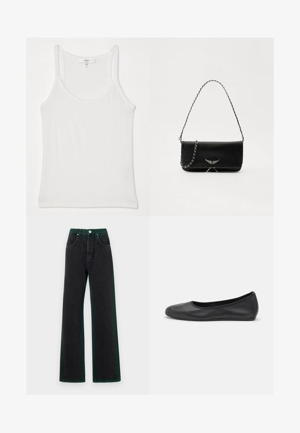 Bílý bezrukávový top vyrobený z měkké, žebrované tkaniny; má tenké ramínka a kulatý výstřih, štítek zní "FRAME."; Černé široké džíny se zelenými akcenty, vyrobené z denimu, s vysokým pasem, předními kapsami a kovovým zapínáním na knoflík.; Černé kožené baletní byty s kulatou špičkou, hladkou texturou, minimálními švy a flexibilním designem podrážky.; Černá kožená kabelka se stříbrným řetízkovým popruhem, zdobená dekorativními křídly a bílým prošíváním podél spodního švu.