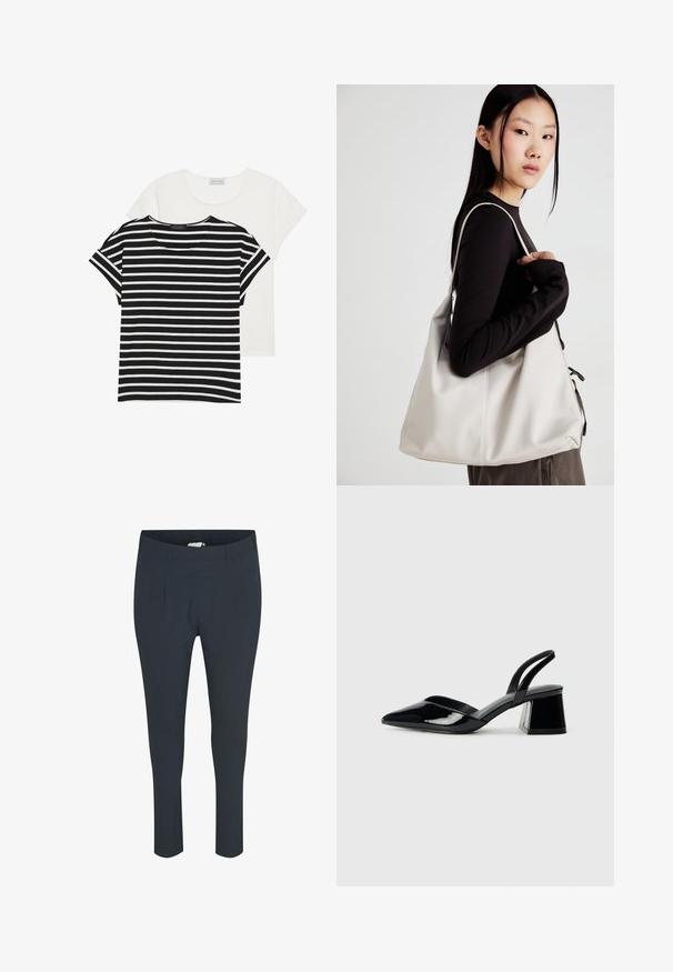 Dva majice: jedna crno-bijela prugasta s kratkim rukavima, i jedna jednobojna bijela, obje s okruglim izrezom i ležernim krojem.; Tamno plave, krojene hlače s glatkom teksturom, koje imaju nabore sprijeda i rastezljivi pojas za udobnost.; Crne lakirane kožne sandale s otvorenom petom i špicastim vrhom, s geometrijskom blok petom. Imaju elegantan, minimalistički dizajn i glatku teksturu.; Bežna torba od mekog materijala s opuštenim dizajnom, šivanim detaljima i dva remena za rame. Pogodna za svakodnevnu upotrebu.