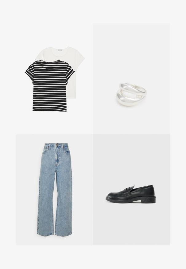 Dva majice: jedna crno-bijela prugasta s kratkim rukavima, i jedna jednobojna bijela, obje s okruglim izrezom i ležernim krojem.; Svijetloplave traperice širokog kroja s visokim strukom, prednjim gumbom, zatvaranjem na patentni zatvarač i dizajnom s pet džepova na praznoj pozadini.; Crne kožne loaferice s zaobljenim vrhom, šivanim detaljima i malim potplatom. Glatka tekstura i fleksibilna gumena potpora.; Srebrna dvostruka prsten s glatkom, poliranom površinom. Karakterizira ga fluidan, zakrivljen dizajn s preklapajućim sekcijama za moderan izgled.