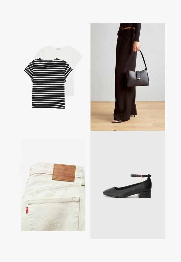 Due magliette: una a righe bianche e nere con maniche corte, e una completamente bianca, entrambe con scollo rotondo e vestibilità casual.; Jeans in denim beige con una etichetta in pelle riportante "Levi Strauss & Co." e l'iconica etichetta rossa. Dettaglio di cucitura distintivo sulla tasca posteriore visibile.; Pump in pelle nera con punta affusolata e tacco basso a blocco. Presenta una cinghia alla caviglia con una fibbia in tonalità oro. Texture liscia.; Borsa nera con forma strutturata, texture liscia e una chiusura metallica. Abbinata a pantaloni neri larghi e sandali open-toe su un pavimento in legno.