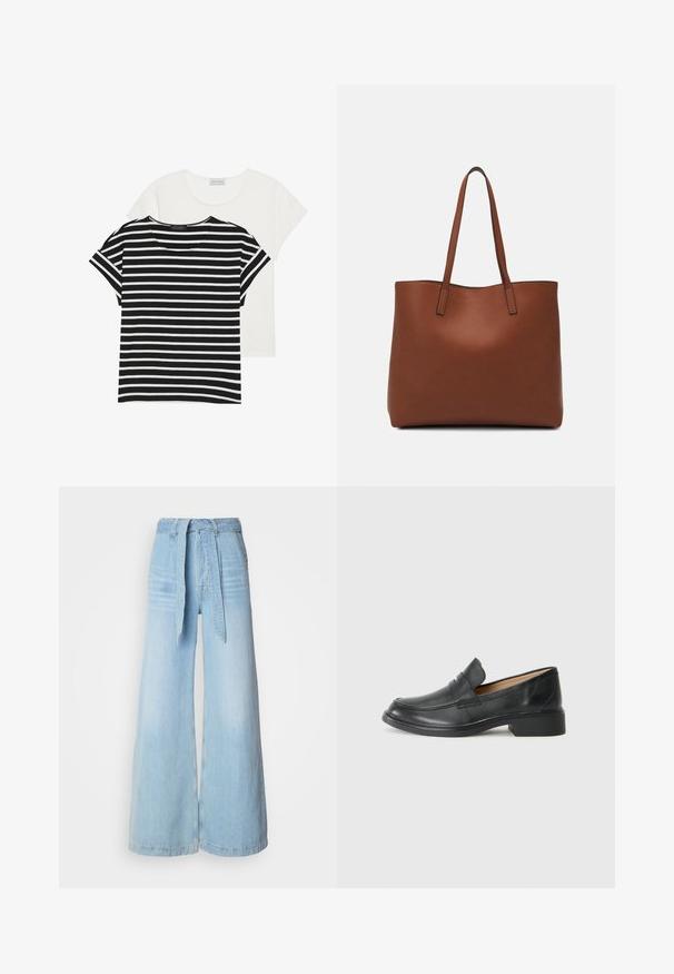 Two t-shirts: one black and white striped with short sleeves, and one solid white, both featuring a rounded neckline and casual fit.; Light blue wide-leg jeans with a high waist, featuring a tied belt, side pockets, and a slightly faded denim texture.; Black leather loafer with a low heel, featuring a stitched design and slip-on style, set against a plain white background.; Brown leather tote bag with a smooth texture, open top design, and two shoulder straps. Features minimal stitching and no visible hardware.