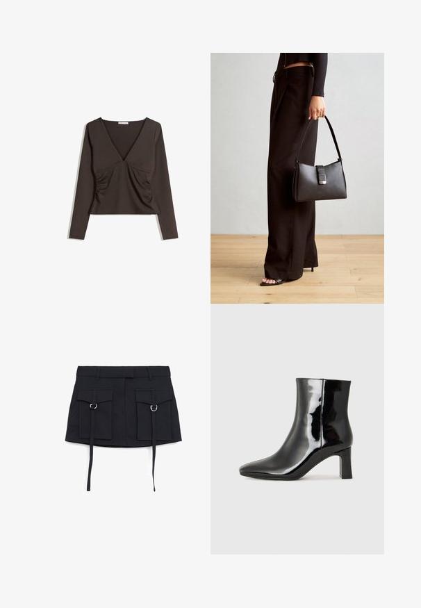 Langärmliges Oberteil mit tiefem V-Ausschnitt aus dunkelbraunem Stoff. Verfügt über Raffung an den Seiten und ein kurzes Design. Glatte Textur, minimalistischer Stil.; Schwarzer Minirock mit zwei vorderen Taschen, silbernem Beschlag und einem Bindegürtel an der Taille. Aus strapazierfähigem, glattem Stoff gefertigt.; Schwarzer Lackleder-Stiefelette mit spitzer Zehe und einem mittelhohen Blockabsatz. Glatte Textur und minimalistisches Design.; Schwarze Handtasche mit strukturierter Form, glatter Textur und einem metallischen Verschluss. Kombiniert mit weiten schwarzen Hosen und offenen Sandalen auf einem Holzboden.