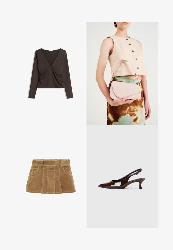 Top cu mânecă lungă, decolteu adânc în formă de V, dintr-un material de culoare maro închis. Are plasare pe laterale și un design scurt. Textură netedă, stil minimalist.; Mango Fustă în formă de A - khaki; Pantofii slingback din piele patent maro, cu vârful ascuțit și un toc moderat. Prezintă o curea cu prindere pentru o potrivire sigură. Textură netedă.; Geantă de piele roz cu clapetă curbată, curea simplă pentru umăr și linii curate. Geanta prezintă o textură netedă și un design minimalistic.