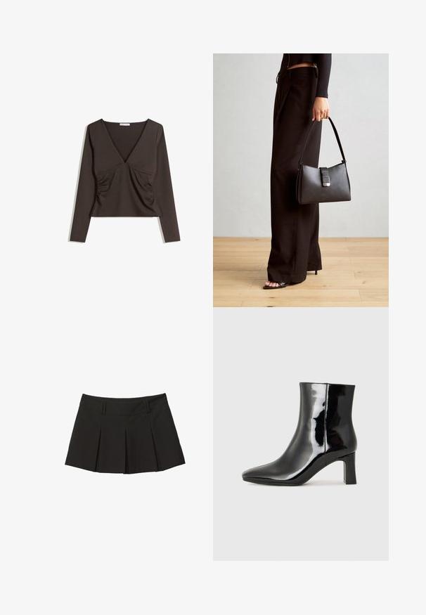 Dlhý rukáv, hlboký výstrih do V v tmavohnedej látke. Obsahuje riasenie po stranách a skrátený dizajn. Hladká textúra, minimalistický štýl.; Čierna plisovaná sukňa s priliehavým pásom a jemnou textúrou. Navrhnutá s prednými plisami pre pridanie tvaru a štýlu.; Čierne lakované členkové topánky s špicatou špičkou a stredne vysokým blokovým podpätkom. Hladká textúra a minimalistický dizajn.; Čierna kabelka so štruktúrovaným tvarom, hladkou textúrou a kovovou sponou. V kombinácii so širokými čiernymi nohavicami a sandálmi s otvorenou špičkou na drevenej podlahe.