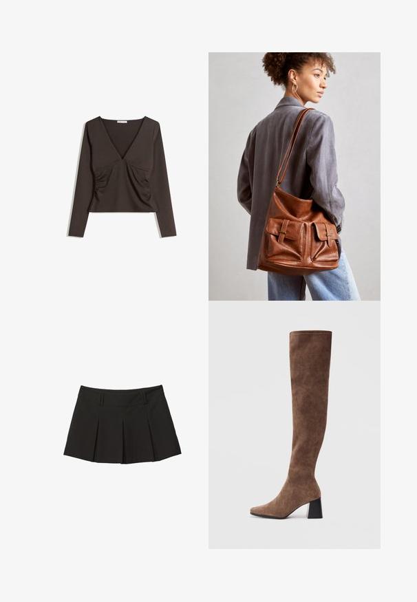Långärmad topp med djup V-ringning i mörkbrunt tyg. Har veck på sidorna och en kortad design. Slät textur, minimalistisk stil.; Svart plisserad kjol med en åtsittande midja och en mjuk textur. Utformad med framplissering för extra form och stil.; Bruna över knäna stövlar i mjukt mocka med spetsig tå och en kraftig svart klack. Designen har sömlös sömnad för en snygg look.; Brun läderhinkväska med två framfickor med spännen. Väskan har en slät yta och en justerbar rem.