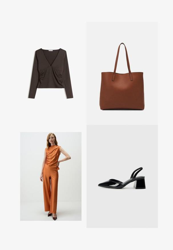 Long-sleeve, deep V-neck top in dark brown fabric. Features ruching on the sides and a cropped design. Smooth texture, minimalistic style.; Orange satin top with draped neckline, paired with matching wide-leg trousers. Model wears brown high heels. Simple, seamless design.; Black patent leather slingback heels with a pointed toe and a geometric block heel. Features a sleek, minimal design and smooth texture.; Brown leather tote bag with a smooth texture, open top design, and two shoulder straps. Features minimal stitching and no visible hardware.