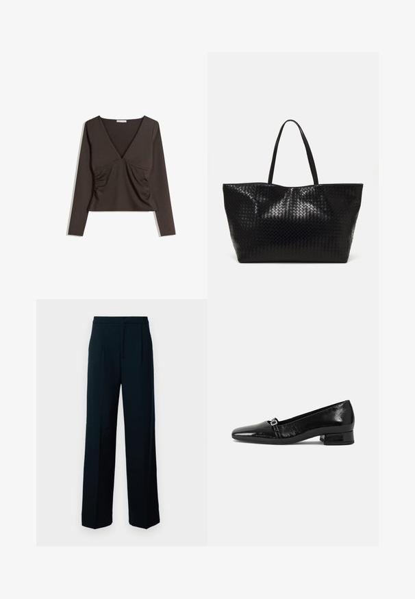 Langärmliges Oberteil mit tiefem V-Ausschnitt aus dunkelbraunem Stoff. Verfügt über Raffung an den Seiten und ein kurzes Design. Glatte Textur, minimalistischer Stil.; Schwarze weite Hosen aus glattem Stoff, mit hohem Bund, Bündchen vorne und einem klaren, minimalistischen Design.; Schwarze Lackleder-Ballettschuhe mit spitzem Zehenbereich, niedrigem quadratischem Absatz und einem kleinen metallischen Schnallenakzent am Riemen. Glatte Textur.; Schwarze geflochtene Tragetasche mit zwei stabilen Griffen, die eine glänzende Textur und ein geräumiges offenes Design bietet.